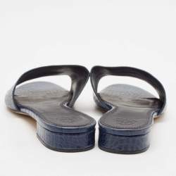 Tory Burch Navy Blue Croc Embossed Leather Martine Slide Sandals Size 39
