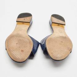 Tory Burch Navy Blue Croc Embossed Leather Martine Slide Sandals Size 39