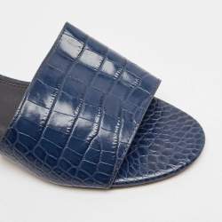 Tory Burch Navy Blue Croc Embossed Leather Martine Slide Sandals Size 39