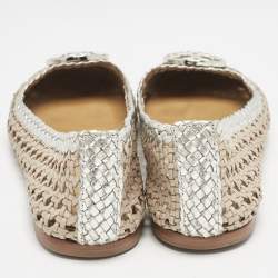 Pre Owned Tory Burch Gold/Silver Woven Leather Reva Scrunch Ballet Flats Size 37