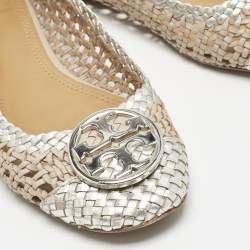 Pre Owned Tory Burch Gold/Silver Woven Leather Reva Scrunch Ballet Flats Size 37