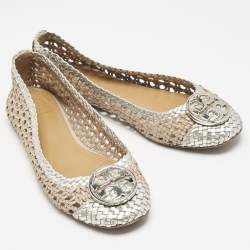 Pre Owned Tory Burch Gold/Silver Woven Leather Reva Scrunch Ballet Flats Size 37
