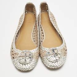 Pre Owned Tory Burch Gold/Silver Woven Leather Reva Scrunch Ballet Flats Size 37