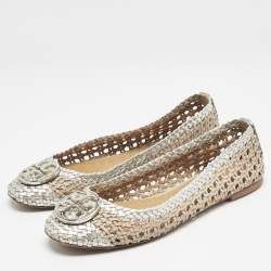 Pre Owned Tory Burch Gold/Silver Woven Leather Reva Scrunch Ballet Flats Size 37