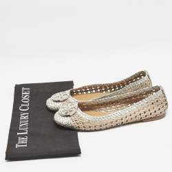 Pre Owned Tory Burch Gold/Silver Woven Leather Reva Scrunch Ballet Flats Size 37