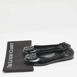 Pre Owned Tory Burch Black Patent Leather Minnie Travel Ballet Flats Size 38.5