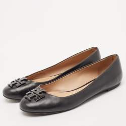 Tory Burch Black Leather Logo Lowell Ballet Flats Size 37.5