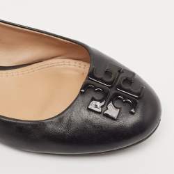 Tory Burch Black Leather Logo Lowell Ballet Flats Size 37.5