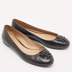 Tory Burch Black Leather Logo Lowell Ballet Flats Size 37.5