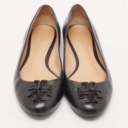 Tory Burch Black Leather Logo Lowell Ballet Flats Size 37.5