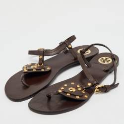 Pre Owned Tory Burch Brown Leather Studded Heart Strappy Flat Sandals Size 38