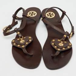 Pre Owned Tory Burch Brown Leather Studded Heart Strappy Flat Sandals Size 38
