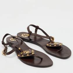 Pre Owned Tory Burch Brown Leather Studded Heart Strappy Flat Sandals Size 38