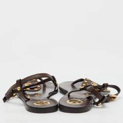 Pre Owned Tory Burch Brown Leather Studded Heart Strappy Flat Sandals Size 38