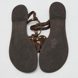 Pre Owned Tory Burch Brown Leather Studded Heart Strappy Flat Sandals Size 38