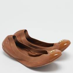 Pre Owned Tory Burch Brown Patent and Leather Jolie Scrunch Ballet Flats Size 38