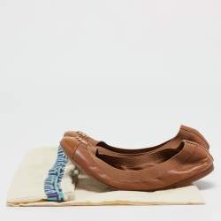Pre Owned Tory Burch Brown Patent and Leather Jolie Scrunch Ballet Flats Size 38