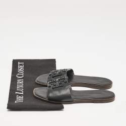 Tory Burch Black Leather Double T Slide Flat Sandals Size 35