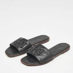 Tory Burch Black Leather Double T Slide Flat Sandals Size 35