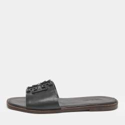 Tory Burch Black Leather Double T Slide Flat Sandals Size 35