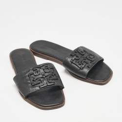 Tory Burch Black Leather Double T Slide Flat Sandals Size 35
