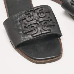 Tory Burch Black Leather Double T Slide Flat Sandals Size 35