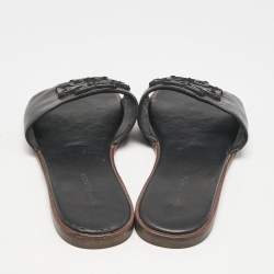 Tory Burch Black Leather Double T Slide Flat Sandals Size 35