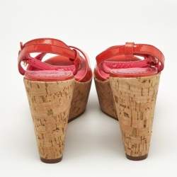 Pre Owned Tory Burch Pink Patent Leather Dahlia Cork Wedge Sandals Size 36