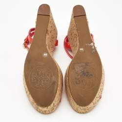 Pre Owned Tory Burch Pink Patent Leather Dahlia Cork Wedge Sandals Size 36