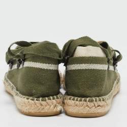 Tory Burch Green/White Stripe Canvas Ankle Wrap Espadrille Flats Size 37