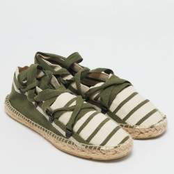 Tory Burch Green/White Stripe Canvas Ankle Wrap Espadrille Flats Size 37