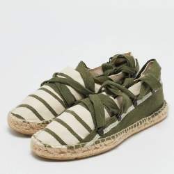 Tory Burch Green/White Stripe Canvas Ankle Wrap Espadrille Flats Size 37