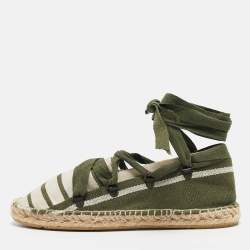 Tory Burch Green/White Stripe Canvas Ankle Wrap Espadrille Flats Size 37