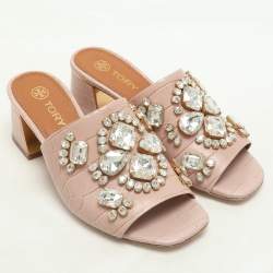Tory Burch Pink Crocodile Embossed Leather Martine Slide Sandals Size 35