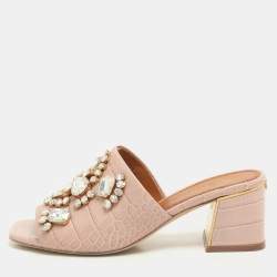 Tory Burch Pink Crocodile Embossed Leather Martine Slide Sandals Size 35
