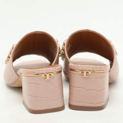 Tory Burch Pink Crocodile Embossed Leather Martine Slide Sandals Size 35