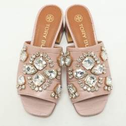 Tory Burch Pink Crocodile Embossed Leather Martine Slide Sandals Size 35