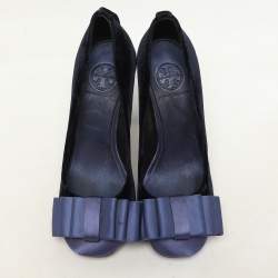 Tory Burch Blue Satin and Velvet Bow Block Heel Pumps Size 36.5