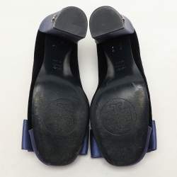 Tory Burch Blue Satin and Velvet Bow Block Heel Pumps Size 36.5