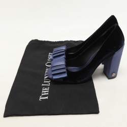 Tory Burch Blue Satin and Velvet Bow Block Heel Pumps Size 36.5