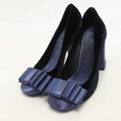 Tory Burch Blue Satin and Velvet Bow Block Heel Pumps Size 36.5