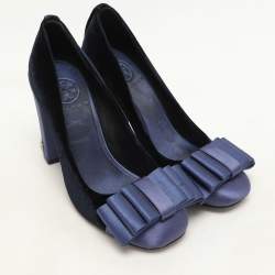 Tory Burch Blue Satin and Velvet Bow Block Heel Pumps Size 36.5