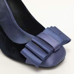 Tory Burch Blue Satin and Velvet Bow Block Heel Pumps Size 36.5