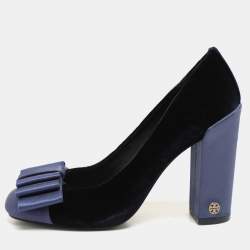 Tory Burch Blue Satin and Velvet Bow Block Heel Pumps Size 36.5