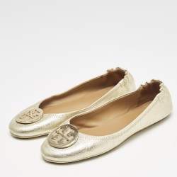Tory Burch Gold Metallic Leather Reva Scrunch Ballet Flats Size 39.5