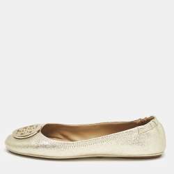 Tory Burch Gold Metallic Leather Reva Scrunch Ballet Flats Size 39.5