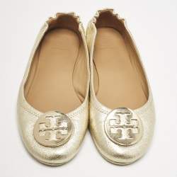 Tory Burch Gold Metallic Leather Reva Scrunch Ballet Flats Size 39.5