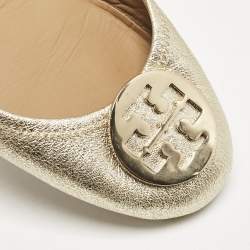 Tory Burch Gold Metallic Leather Reva Scrunch Ballet Flats Size 39.5