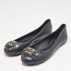 Pre Owned Tory Burch Navy Blue Leather Cline Ballet Flats Size 36.5