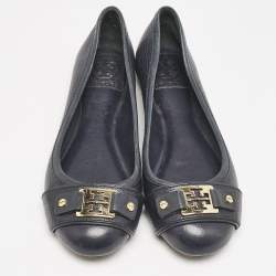 Pre Owned Tory Burch Navy Blue Leather Cline Ballet Flats Size 36.5
